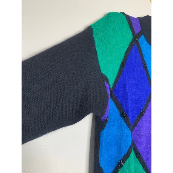 Vintage Silk Angora Blend Black Blue Diamond Beaded Sweater Sz Large - Picture 7 of 9